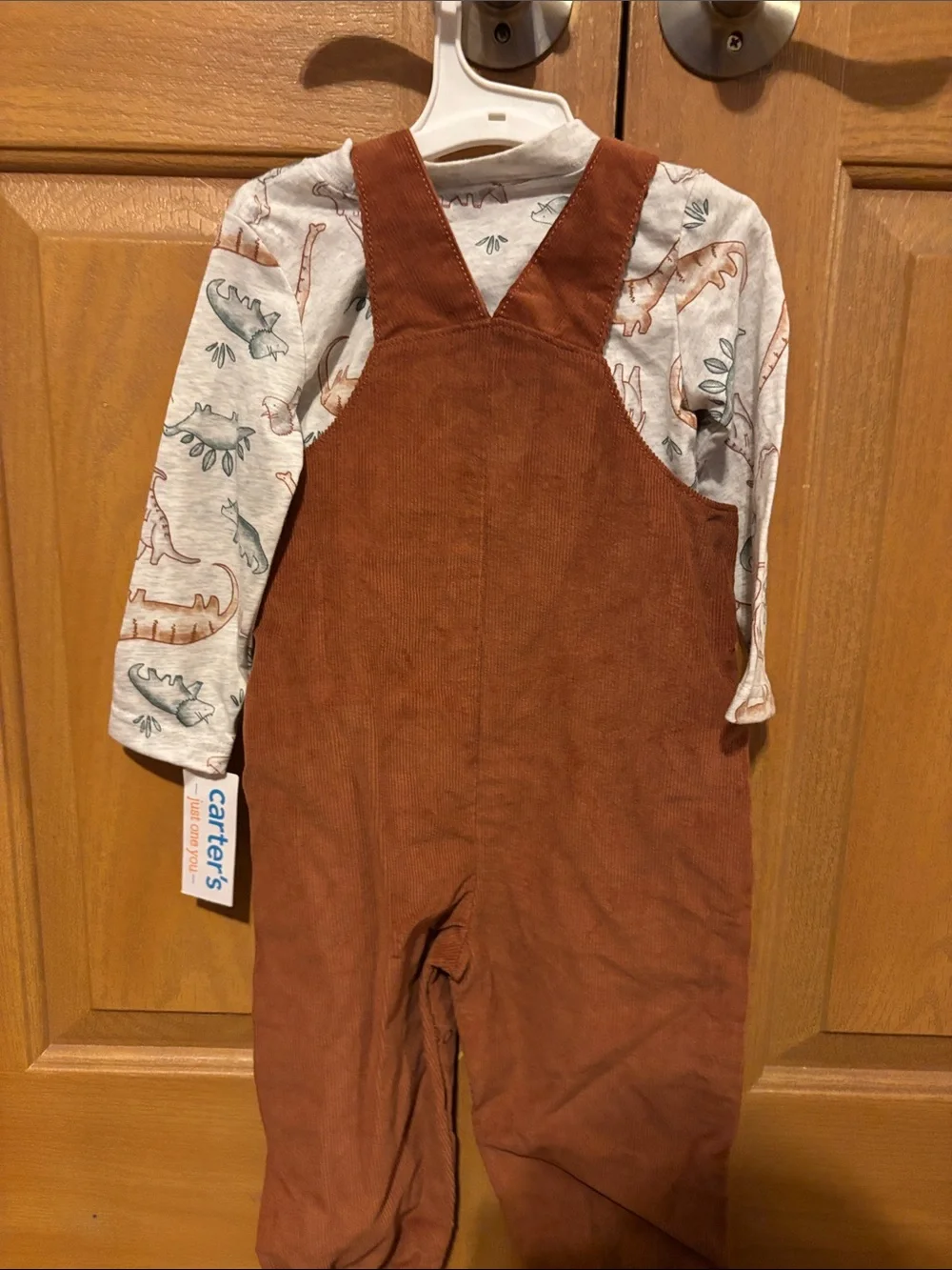 Carter's Rust Brown Corduroy Overalls with Long-Sleeve Dino Tee